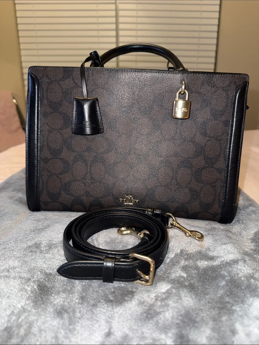 Coach Brown Signature Satchel with Black Leather Trim and Gold Hardware